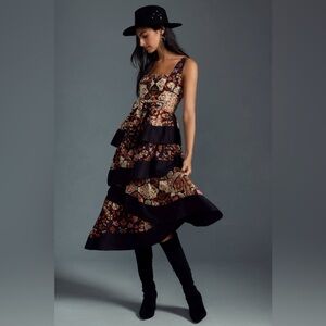 Anthropologie Black Tiered Midi Dress with Floral Patchwork